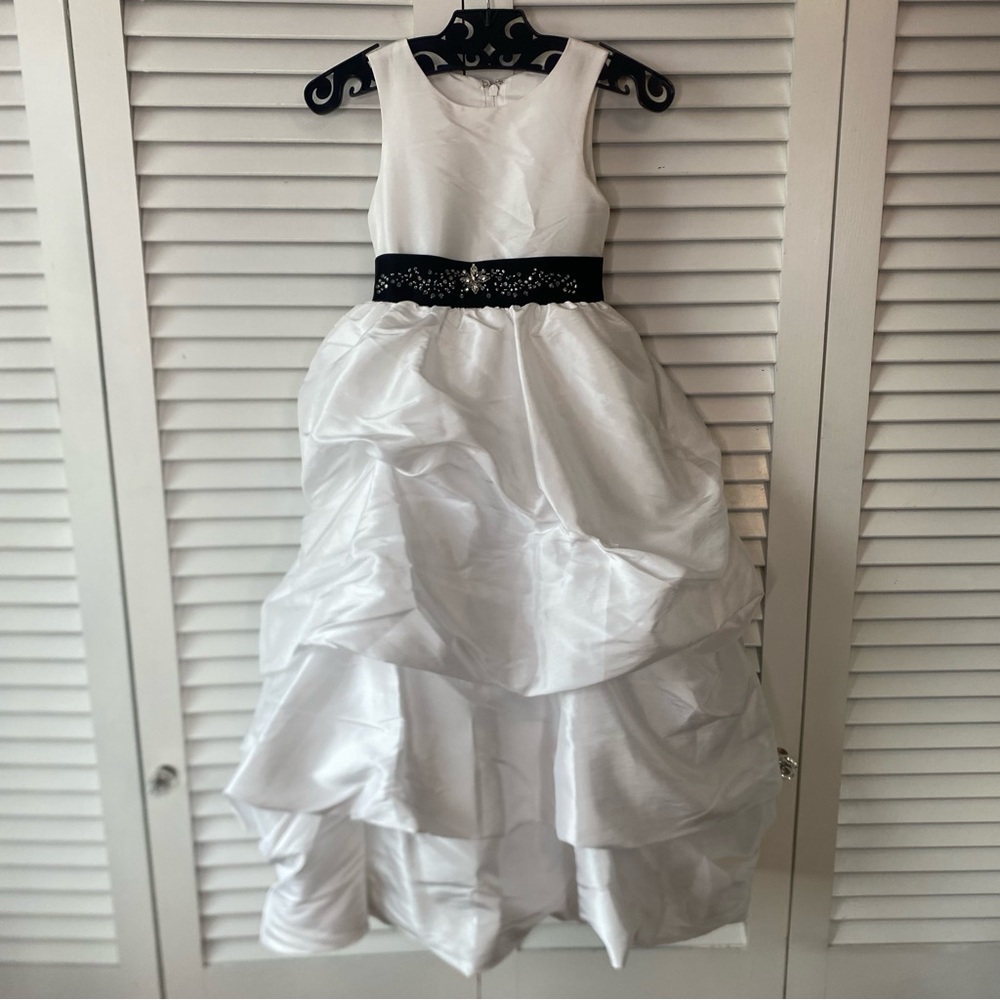 Sweet Beginnings | Elegant White Kids Dress with Black Sash | Size 4